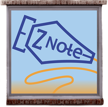 EZ NOTE artwork in a brick-framed window